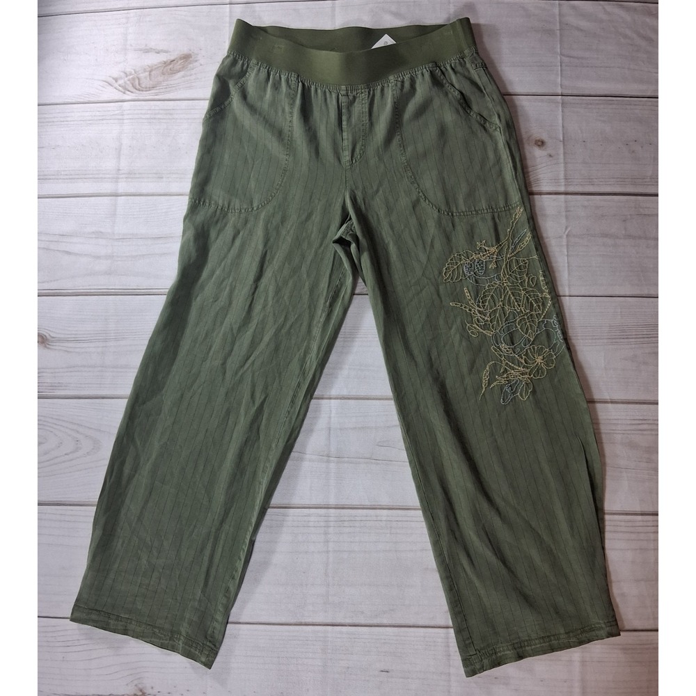 XCVI Womens Medium M Olive Green Tencel Floral Embroidered Wide Leg Pants NWT 29